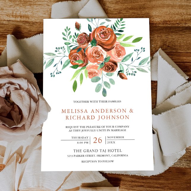 Earthy Burnt Orange Roses Bouquet Floral Wedding Invitation (Creator Uploaded)