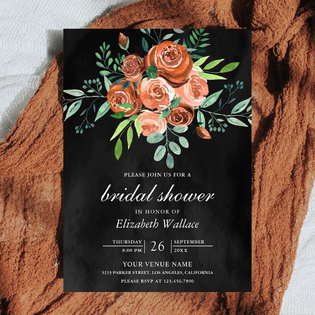 Earthy Burnt Orange Roses Dark Grey Bridal Shower Invitation (Creator Uploaded)