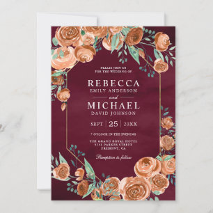 Earthy Burnt Orange Roses Floral Burgundy Wedding Invitation