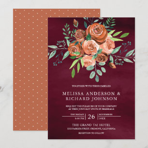 Earthy Burnt Orange Roses Floral Burgundy Wedding Invitation