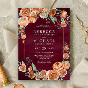 Earthy Burnt Orange Roses Floral Burgundy Wedding Invitation