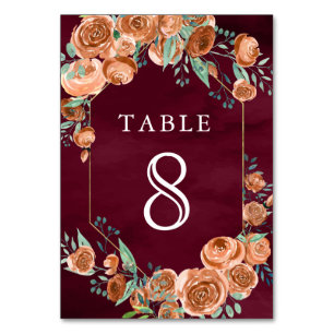 Earthy Burnt Orange Roses Floral Burgundy Wedding Table Number