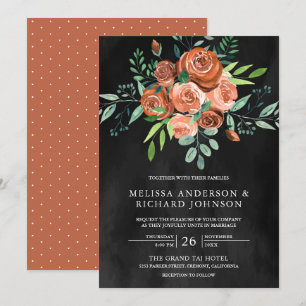 Earthy Burnt Orange Roses Floral Dark Grey Wedding Invitation