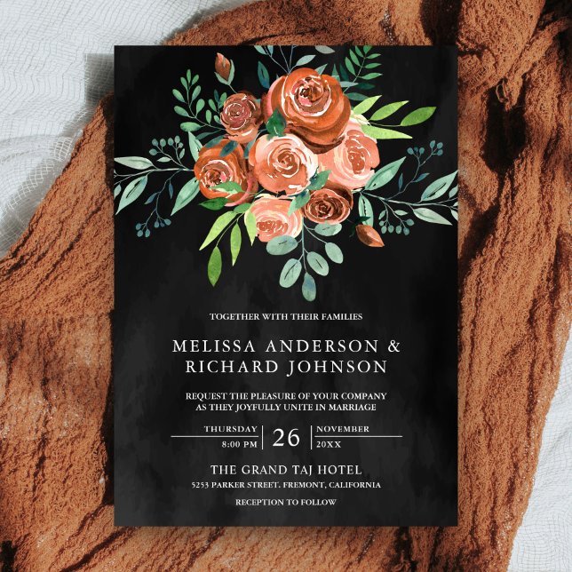 Earthy Burnt Orange Roses Floral Dark Grey Wedding Invitation (Creator Uploaded)