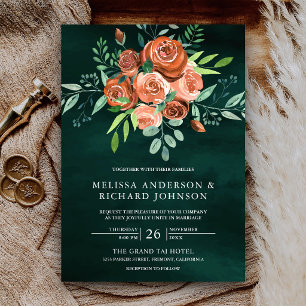 Earthy Burnt Orange Roses Floral Emerald Wedding Invitation