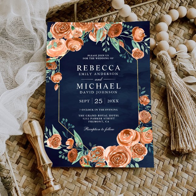 Earthy Burnt Orange Roses Floral Navy Blue Wedding Invitation (Creator Uploaded)