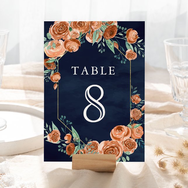 Earthy Burnt Orange Roses Floral Navy Blue Wedding Table Number (Creator Uploaded)
