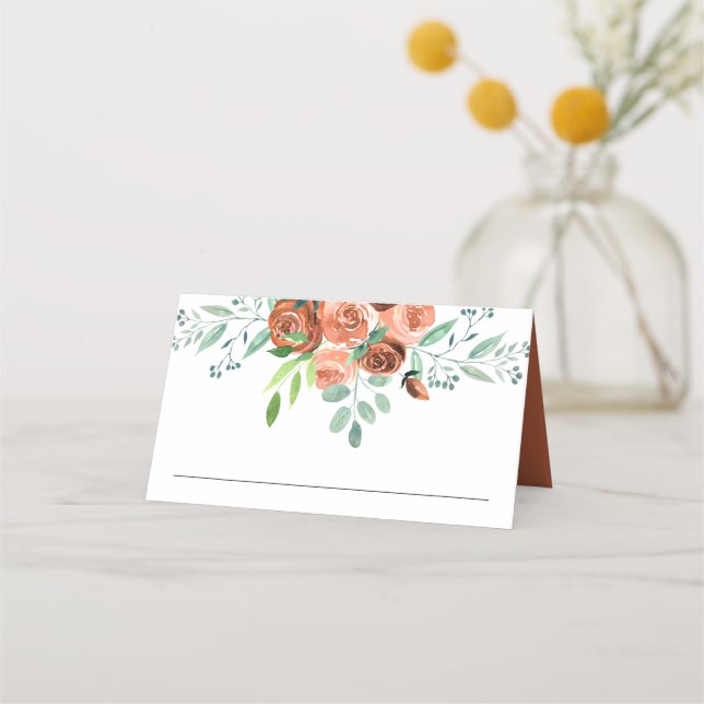 Earthy Burnt Orange Roses Floral Wedding Place Card (Front)