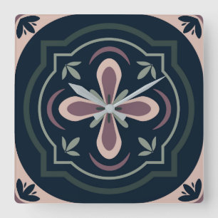 earthy colored floral geometric tiles square wall clock