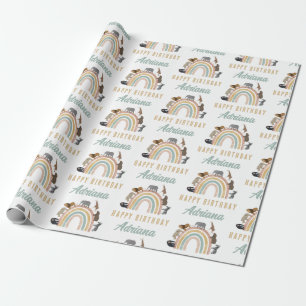 Earthy Colors Rainbow Jungle Animals Birthday Name Wrapping Paper