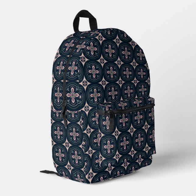 earthy coloured floral geometric tiles printed backpack (Back Corner Left)