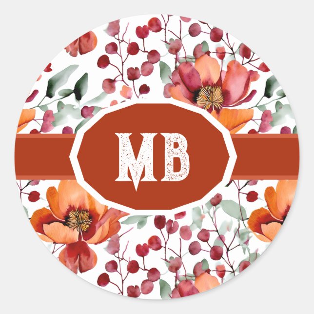 Earthy Colours, Fall Flowers Monogrammed Classic Round Sticker (Front)
