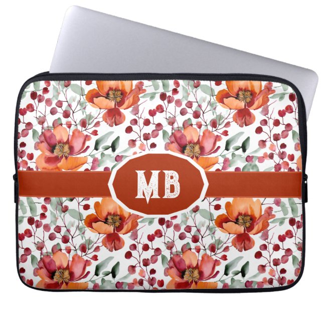 Earthy Colours, Fall Flowers Monogrammed Laptop Sleeve (Front)