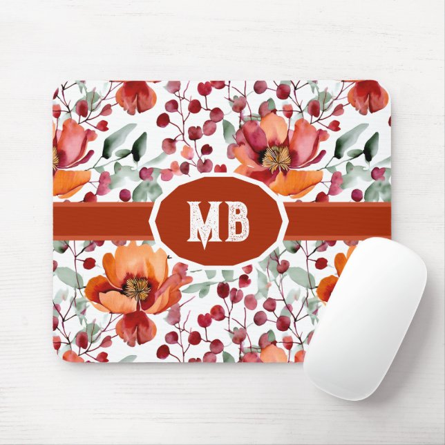 Earthy Colours, Fall Flowers Monogrammed Mouse Pad (With Mouse)