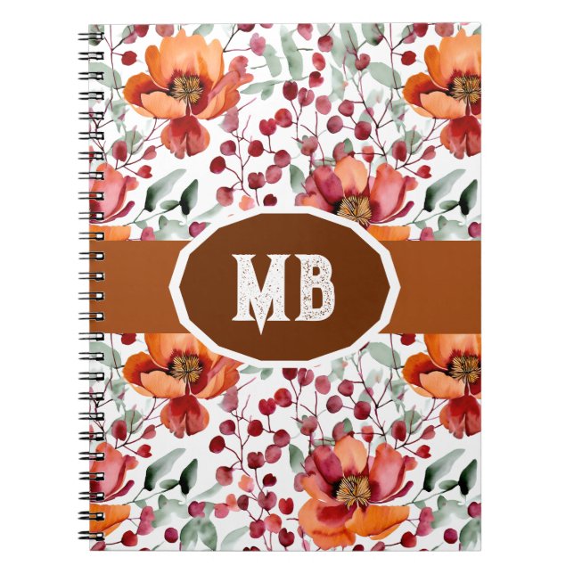 Earthy Colours, Fall Flowers Monogrammed Notebook (Front)