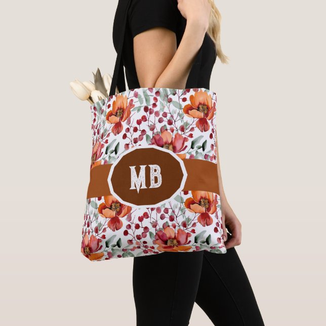 Earthy Colours, Fall Flowers Monogrammed Tote Bag (Close Up)