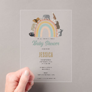 Earthy Colours Rainbow Jungle Animals Baby Shower Acrylic Invitations