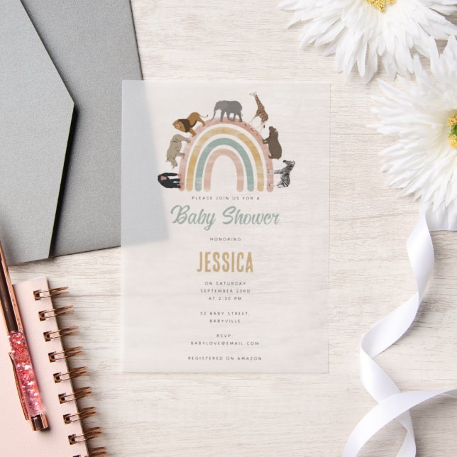 Earthy Colours Rainbow Jungle Animals Baby Shower Vellum Invitations (Wedding)