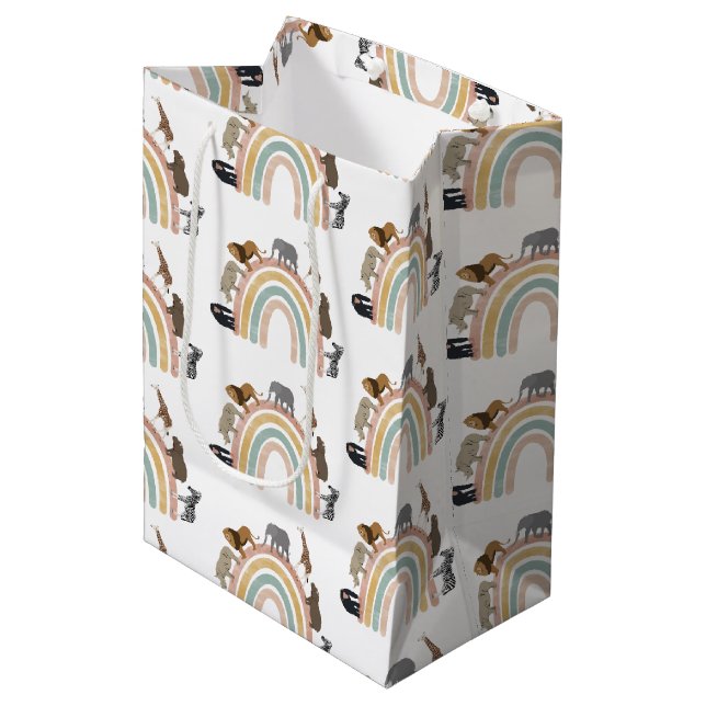 Earthy Colours Rainbow Jungle Animals Pattern Medium Gift Bag (Front Angled)