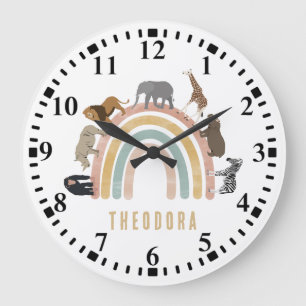 Earthy Colours Watercolor Rainbow Jungle Animals Large Clock