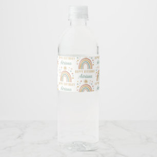 Earthy Colours Watercolor Rainbow Sun Birthday Nam Water Bottle Label