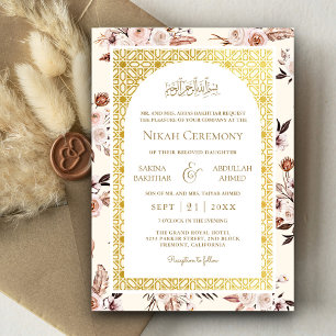 Earthy Cream Floral Gold Pattern Muslim Wedding Invitation