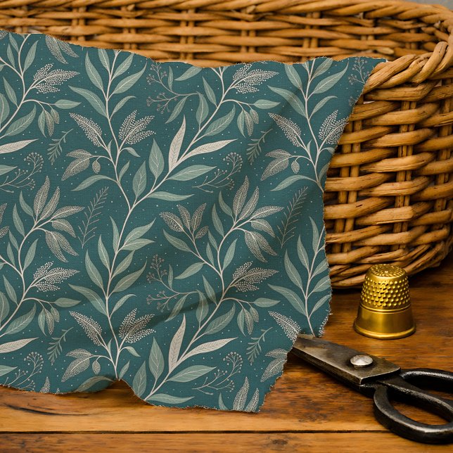 Earthy Deep Teal-Green Botanical Leaf Pattern Fabric (Creator Uploaded)