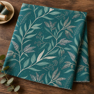 Earthy Deep Teal-Green Botanical Leaf Pattern Fabric