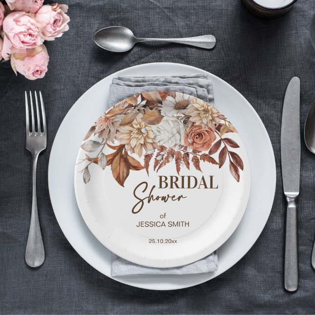 Earthy desert boho bridal shower tableware paper plate (Boho earthy desert brown fall themed bridal shower tableware personalized paper plates dried roses)