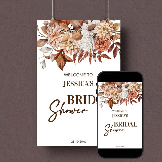 Earthy desert boho bridal shower welcome sign (Earthy boho bridal shower welcome sign poster instant download terracotta brown dried flowers fall)