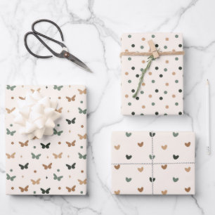 Earthy Dots Hearts Butterflies Wrapping Paper Sheet