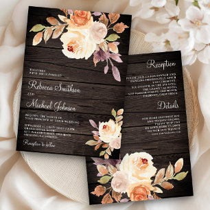 Earthy Dusty Peach Floral All in One Wood Wedding Invitation