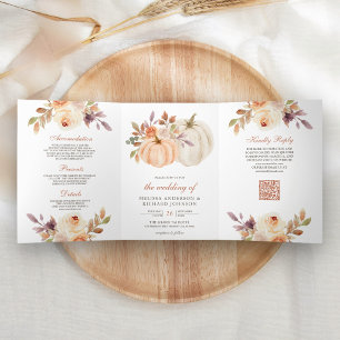 Earthy Dusty Peach Floral Pumpkin QR Code Wedding Tri-Fold Invitation