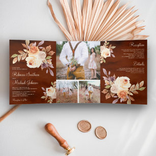 Earthy Dusty Peach Floral Terracotta Wedding Tri-Fold Invitation