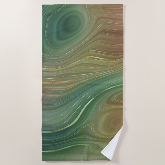 Earthy Emerald Strata | Green and Golden Ink Agate Beach Towel (Front)