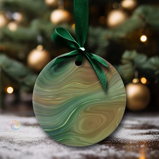 Earthy Emerald Strata | Green and Golden Ink Agate Ceramic Ornament (Creator Uploaded)