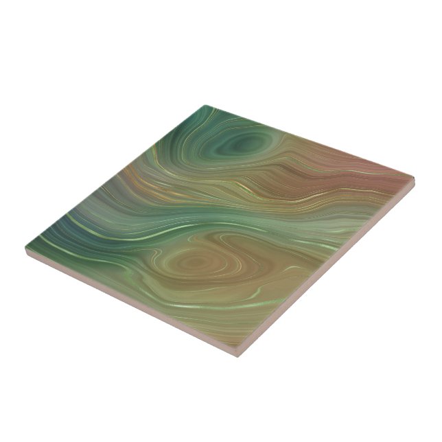 Earthy Emerald Strata | Green and Golden Ink Agate Ceramic Tile (Side)