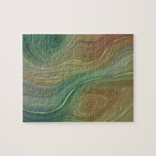 Earthy Emerald Strata | Green and Golden Ink Agate Jigsaw Puzzle (Horizontal)