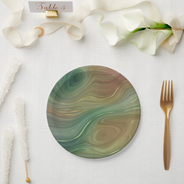 Earthy Emerald Strata | Green and Golden Ink Agate Paper Plate (Wedding)