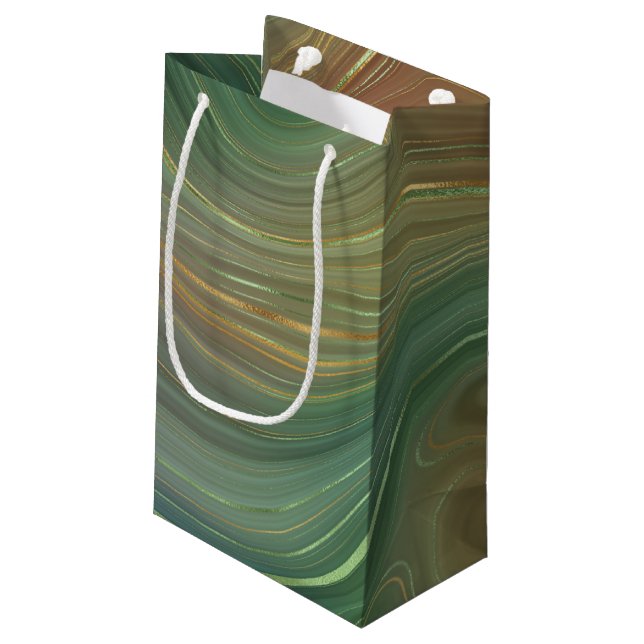Earthy Emerald Strata | Green and Golden Ink Agate Small Gift Bag (Back Angled)