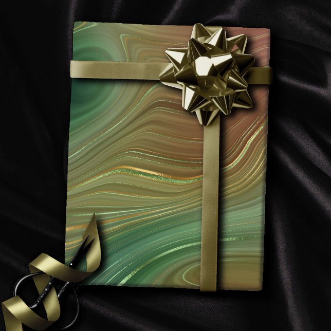 Earthy Emerald Strata | Green and Golden Ink Agate Wrapping Paper (Creator Uploaded)