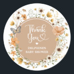 Earthy Fall Wildflower Butterfly Baby Shower Classic Round Sticker<br><div class="desc">This delightful sticker features boho-inspired wildflowers in a warm palette of orange,  beige,  and mustard yellow.</div>