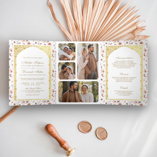 Earthy Floral All in One Gold Indian Wedding Tri-Fold Invitation
