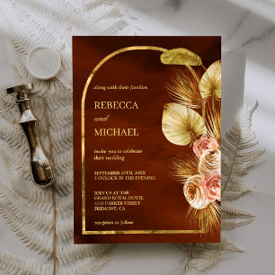 Earthy Floral Arch Dried Palm Burnt Orange Wedding Invitation