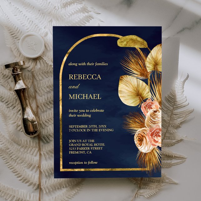 Earthy Floral Arch Dried Palm Navy Blue Wedding Invitation (Creator Uploaded)