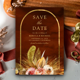 Earthy Floral Arch Gold Burnt Orange Wedding Save The Date