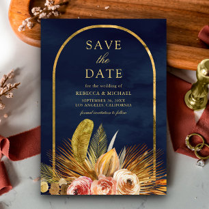 Earthy Floral Arch Gold Navy Blue Wedding Save The Date
