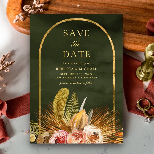 Earthy Floral Arch Gold Sage Green Wedding Save The Date (Creator Uploaded)