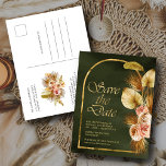 Earthy Floral Arch Palm Sage Green Save The Date Postcard<br><div class="desc">Elegant vintage tropical theme save the date featuring modern typography and beautiful boho bouquet.</div>