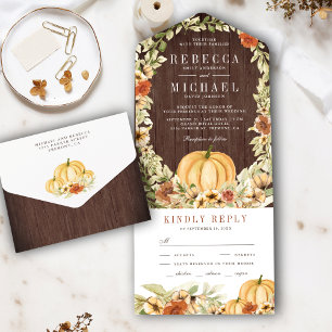 Earthy Floral Botanical Pumpkin Barn Wood Wedding All In One Invitation